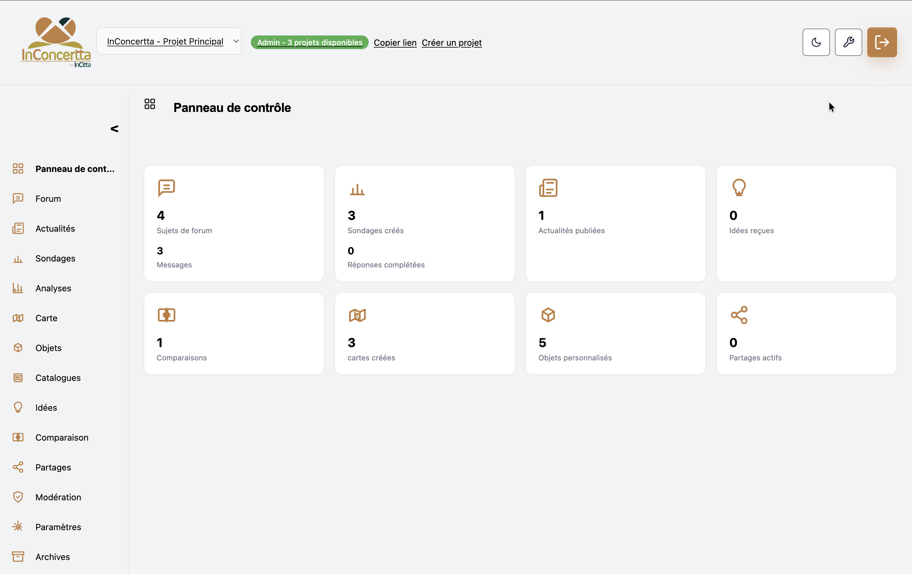 InConcertta — tableau de bord, espace de gestion