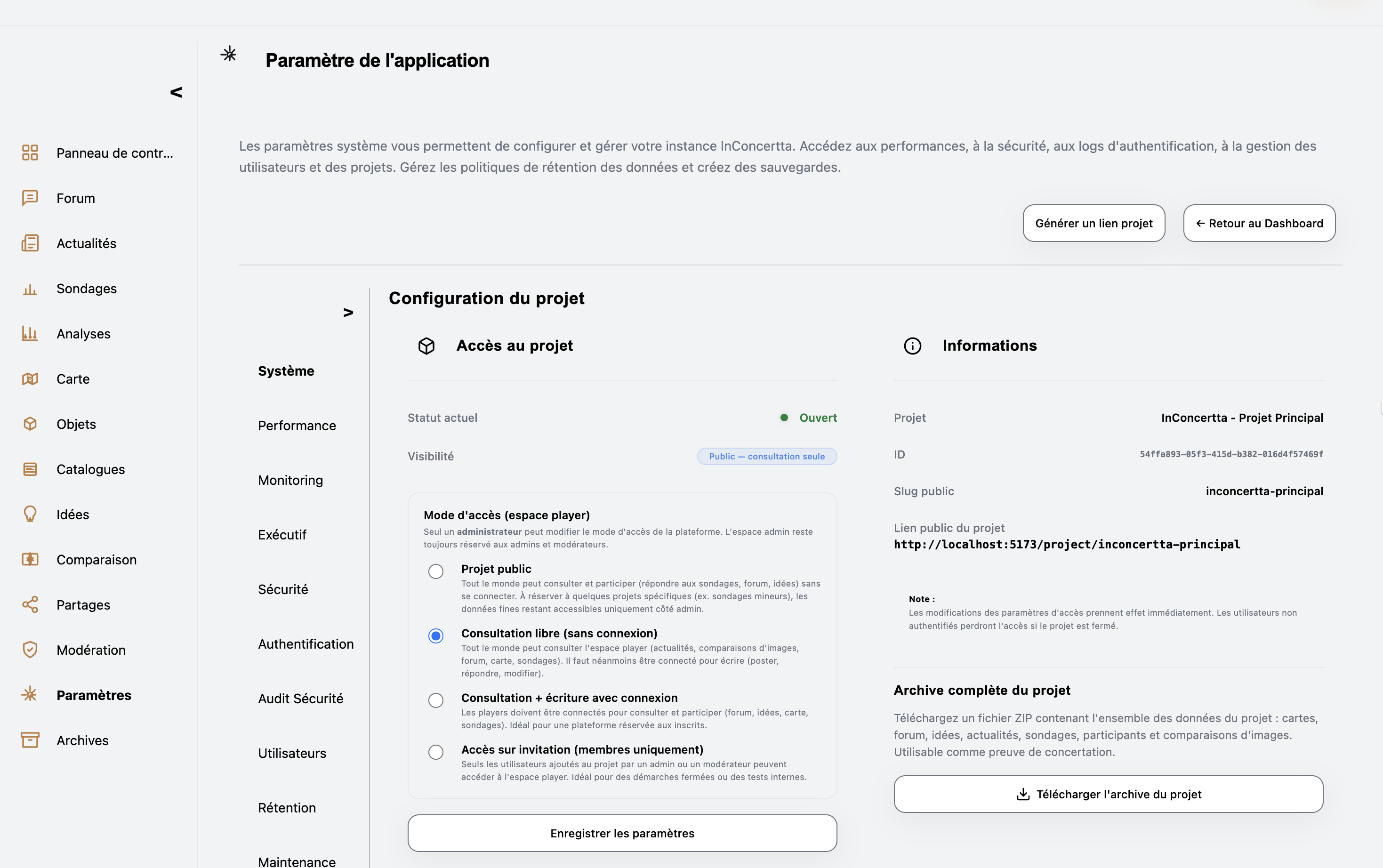 InConcertta — paramètres du projet et du dispositif