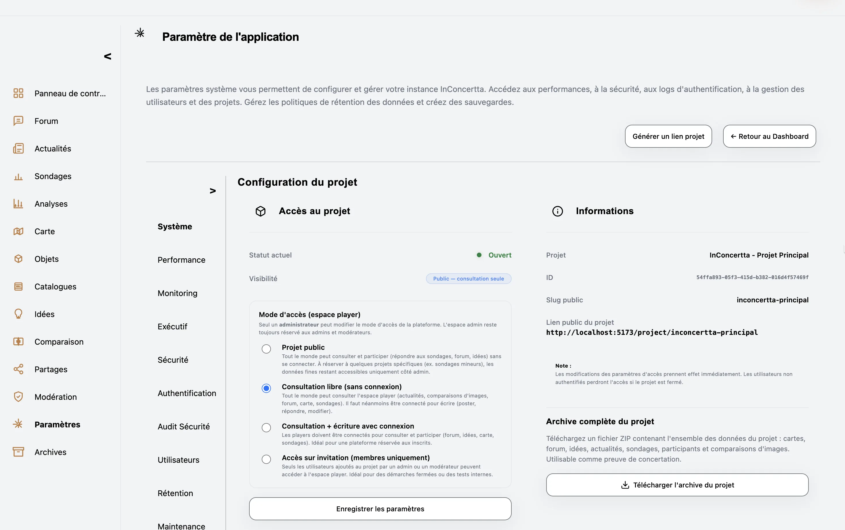 InConcertta — paramètres du projet et du dispositif